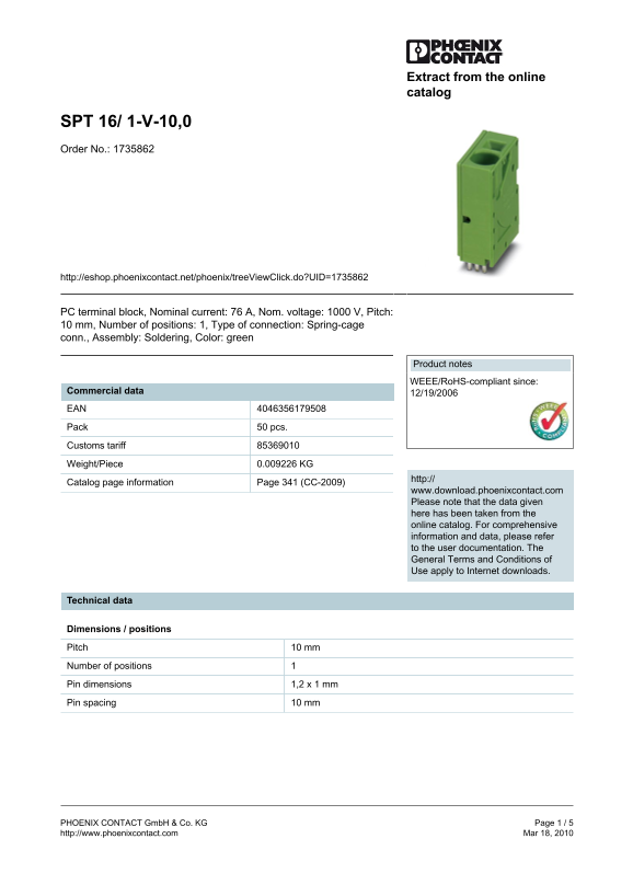 Phoenix Contact SPT 16 1- V-10,0 Data Sheet Manual - Page 1