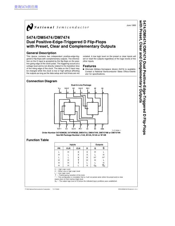 National Semiconductor DM5474 DM7474 Data Sheet - Page 1