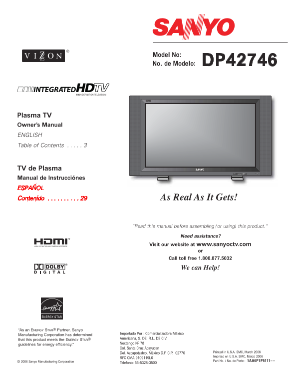 Sanyo DP42746 User Guide and Instruction Booklet - Page 1