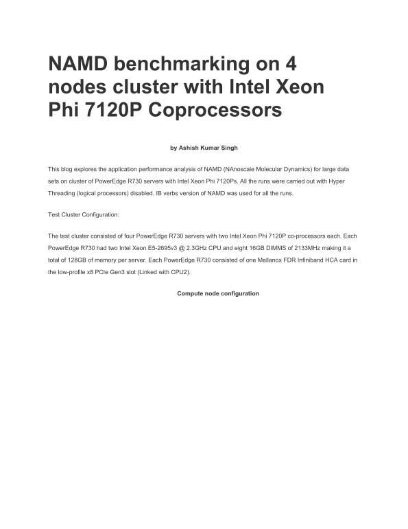 Dell NAMD Benchmarking Guide on a 4-Node Cluster with Intel Xeon Phi 7120P Coprocessors - Page 1