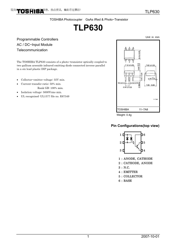 Toshiba Photocoupler GaAs IRed & Photo-Transistor TLP630 User Manual - Page 1