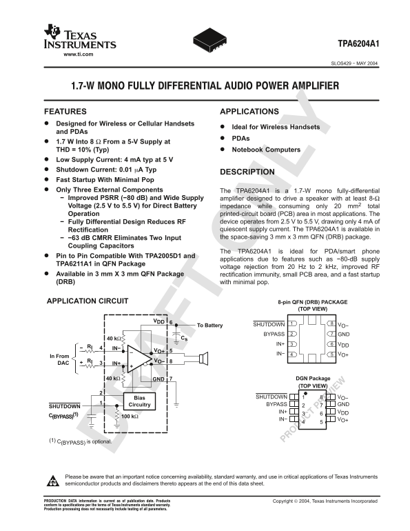 Texas Instruments TPA620A1 Data Sheet Manual - Page 1