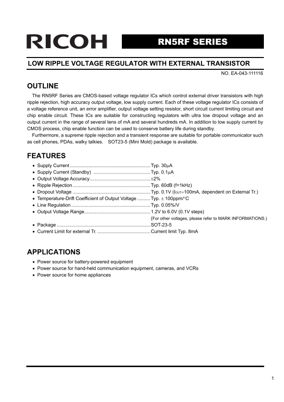 RICOH RN5RF SERIES Low Ripple Voltage Regulator with External Transistor Data Sheet User Manual - Page 1