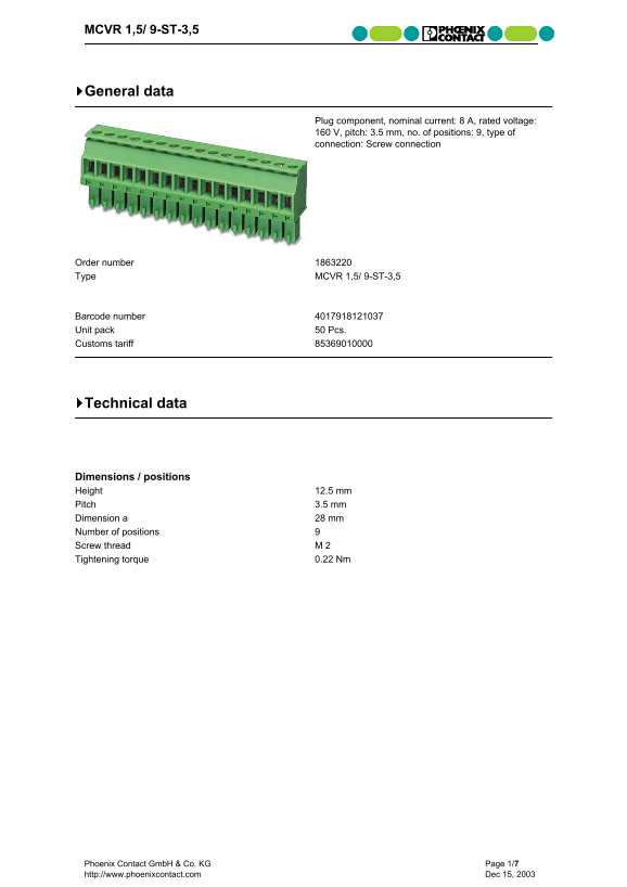 Phoenix Contact MCVR 1.5 9-STE-3.5 General Data Manual - Page 1