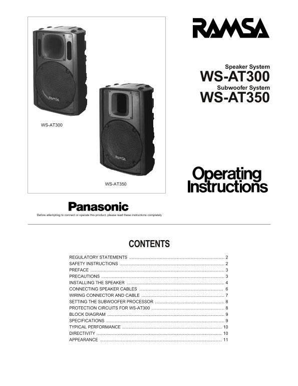 Panasonic WS-AT300 AT350 User's Manual - Page 1