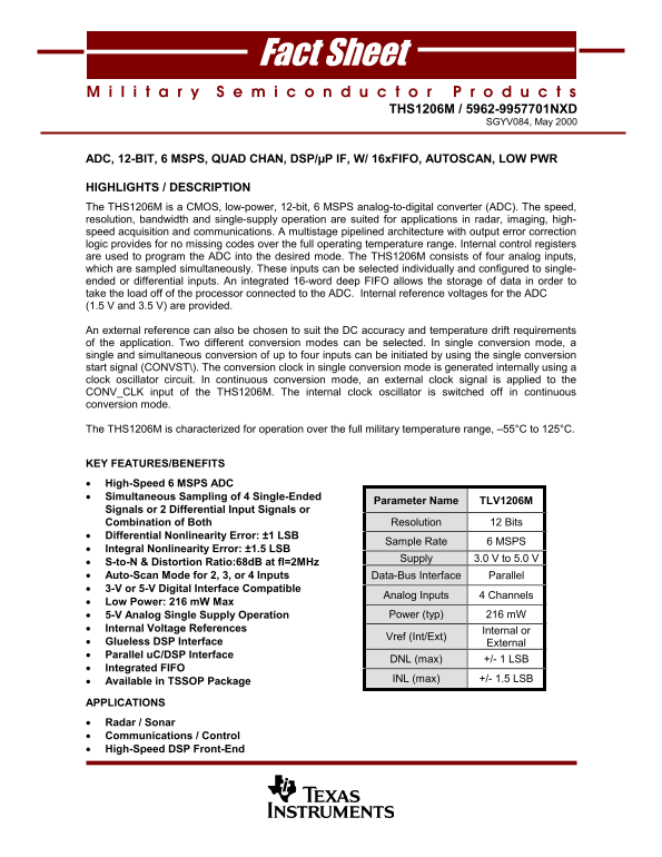 Texas Instruments - THS1206M-5962-9957701NXD Data Converter Owner's Manual and User Guide - Page 1
