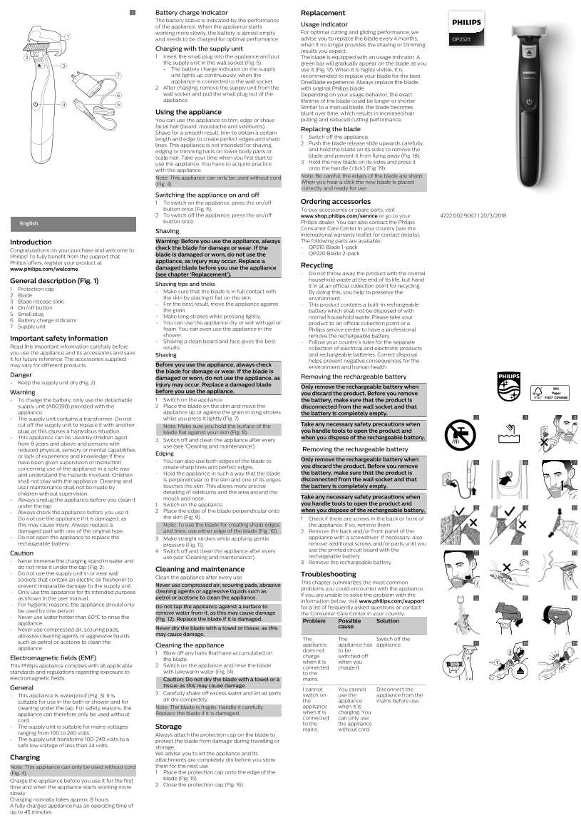 Philips OneBlade Electric Shaver QP2523 10 Product Support & User Manual - Page 1