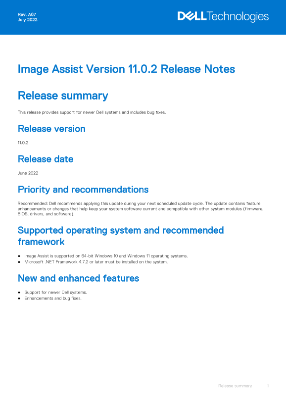 Dell Image Assist Version 11.0.2 Release Notes - Page 1