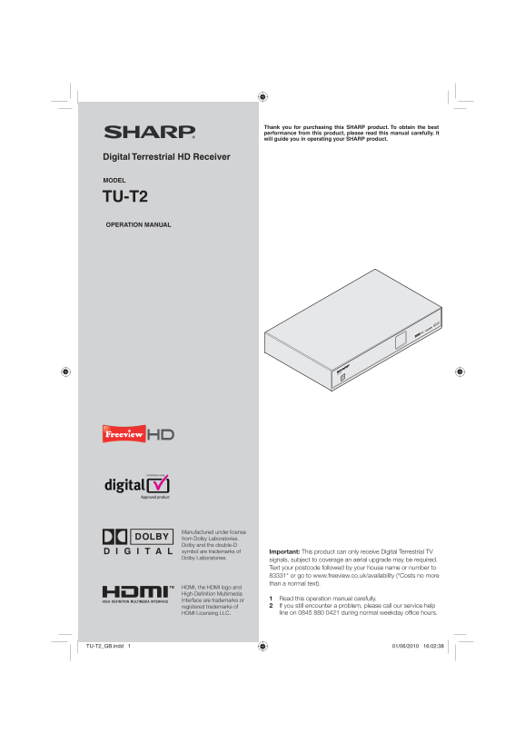 Sharp TU-T2 User Guide - Page 1