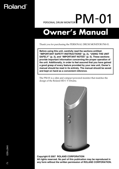 Roland PM-01 Personal Drum Monitor Owner's Manual - Page 1