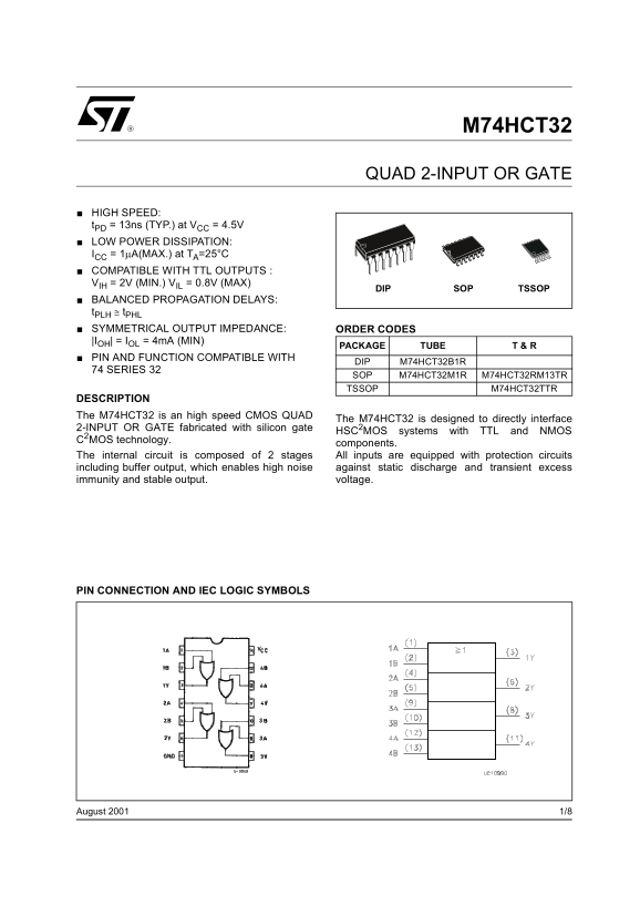 ST M74HCT32 Quad 2-Input OR Gate Data Sheet User Guide - Page 1
