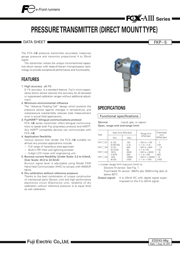 Fuji Electric Instrumentation and Measurement Series FKP...5 Pressure Transmitter (Direct Mount Type) Product Specifications Sheet - Page 1