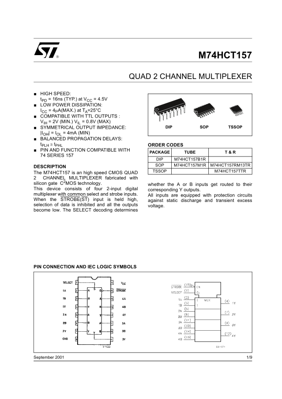 ST M74HCT157 Quad 2-Channel Multiplexer Data Sheet - Page 1