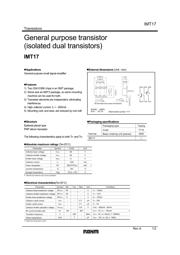 ROHM IMT17 Product Data Sheet Manual - Page 1