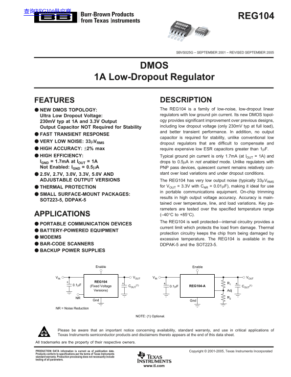 Texas Instruments REG104 Data Handbook/Specifications - Page 1