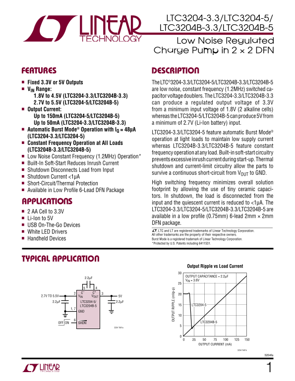 LINEAR Low Noise Regulated Charge Pump Design Specifications and User Guide - 2x2 DFN Package - Page 1