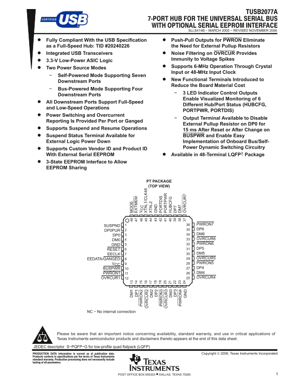 Texas Instruments TUSB2077A Data Sheet manual specifications guide - Page 1