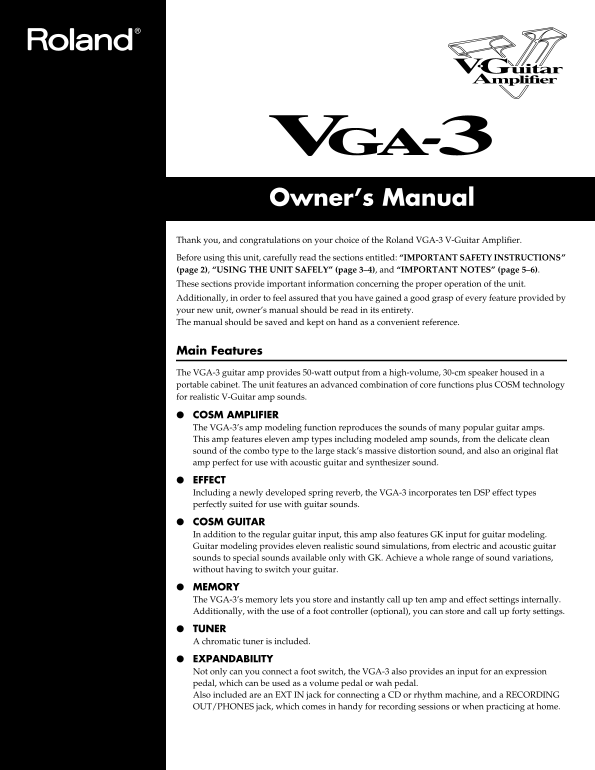 Roland V- Guitar Amplifier VGA-3 Owner's Manual User Guide - Page 1