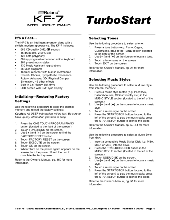 Roland Roland Musical Instruments KF-7 Digital Intelligent Portable Piano KF-7 TurboStart Support Document - Page 1