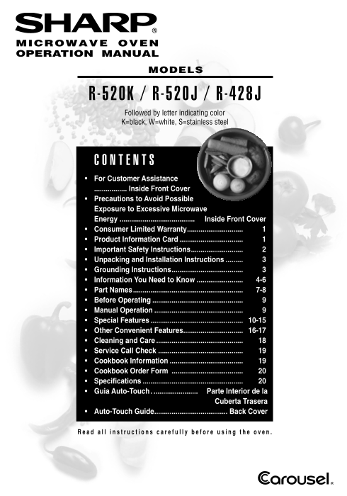SHARP R-428JK JW Microwave User Guide - Page 1