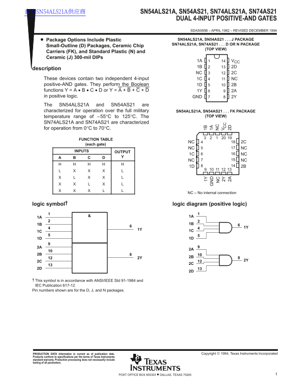 TEXAS INSTRUMENTS SN54ALS21A, SN54AS21, SN74ALS21A, SN74AS21 DUAL 4-INPUT POSITIVE-AND GATES Data Sheet - Page 1