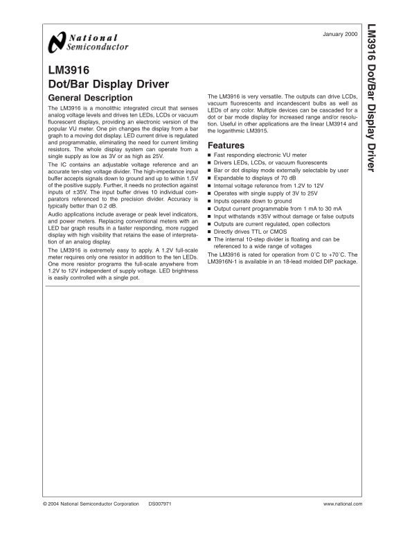 National Semiconductor LM3916 Dot Bar Display Driver Data Sheet - Page 1