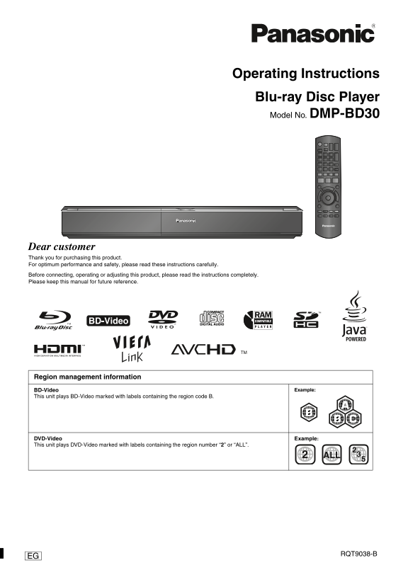 Panasonic Blu-ray Disc Player DMP-BD30 Operating Instructions - Page 1