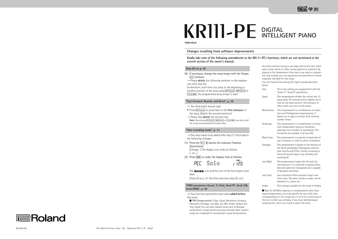 Roland KR-111 Digital Intelligent Mini-Grand Piano Addendum User Manual - Page 1
