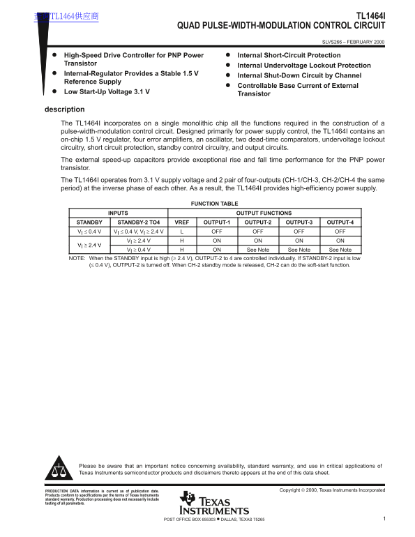 Texas Instruments TL1464I Data Sheet - Page 1