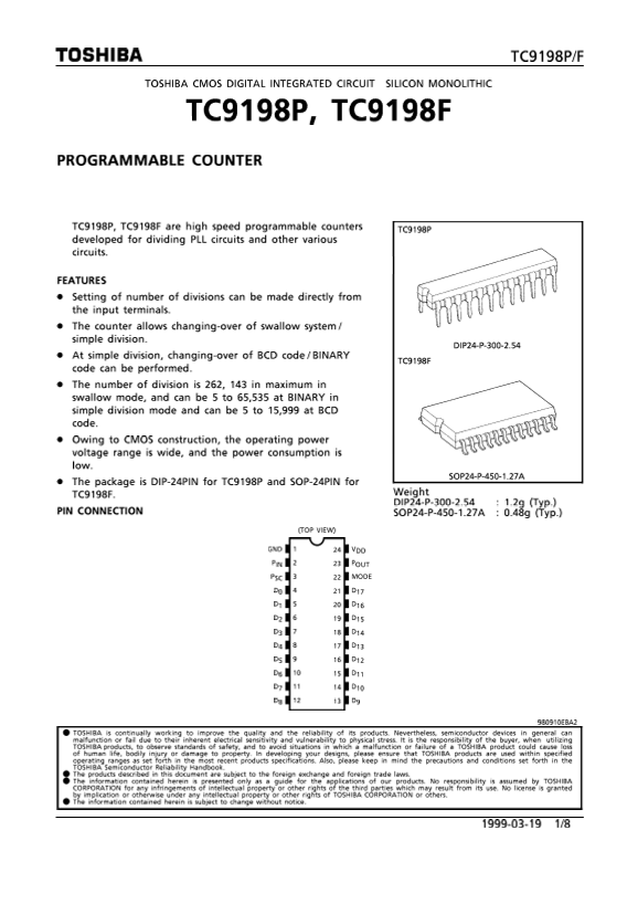 Toshiba TC9198P, TC9198F Data Handbook - Page 1