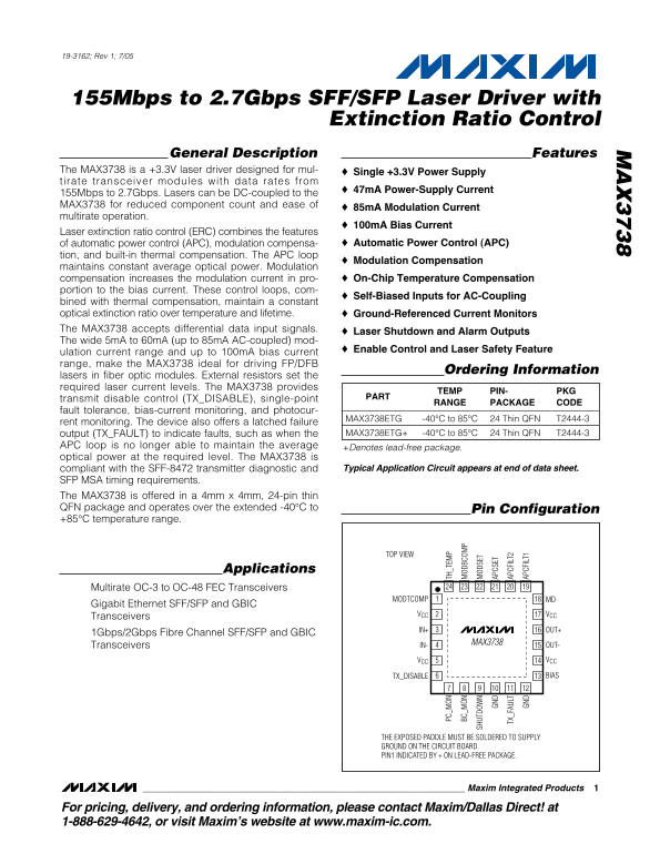 MAXIM MAX3738 155Mbps to 2.7Gbps SFF SFP Laser Driver with Extinction Ratio Control - Page 1