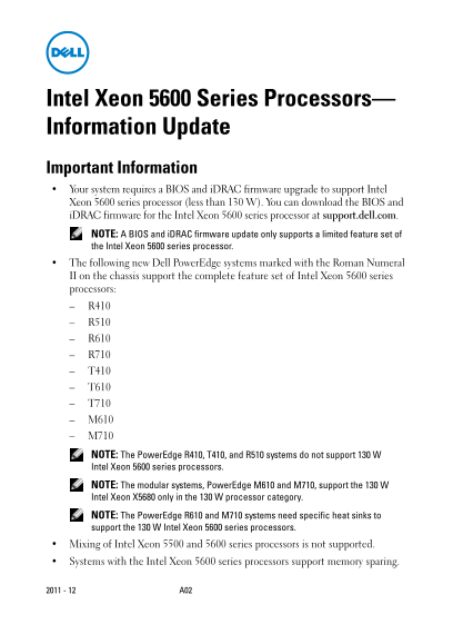 Dell Information Update - Intel Xeon 5600 Series Processors User's Manual - Page 1