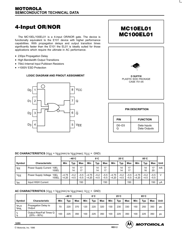 Motorola MC10EL01 MC100EL01 Data Sheet - Page 1