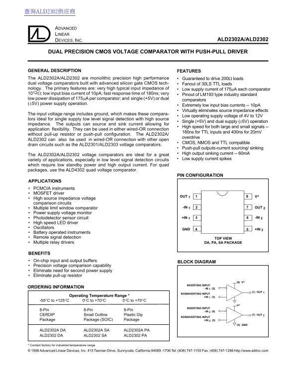ADVANCED LINEAR DEVICES INC. ALD2302A ALD2302 DUAL PRECISION CMOS VOLTAGE COMPARATOR WITH PUSH-PULL DRIVER User's Manual - Page 1