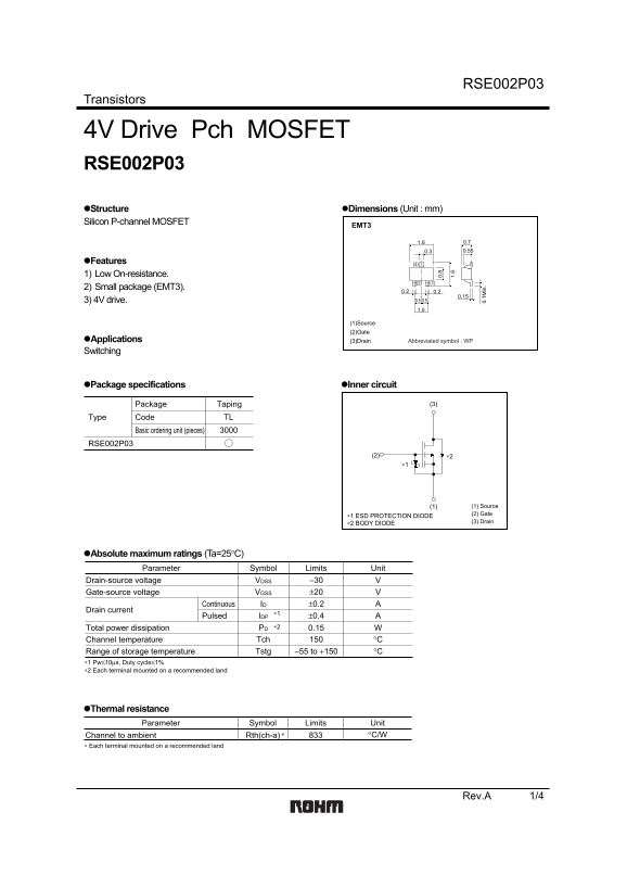 ROHM RSE002P03 Product Specifications - Page 1