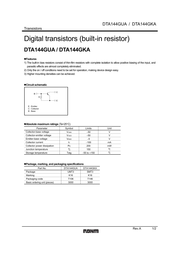 ROHM DTA144GUA User's Guide DTA144GKA Installation Manual - Page 1