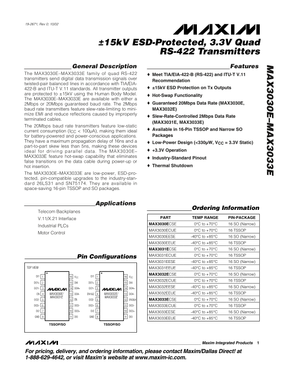 MAXIM MAX3030E-MAX3033E ±15kV ESD-Protected, 3.3V Quad RS-422 Transmitters User Manual - Data Sheet - Page 1