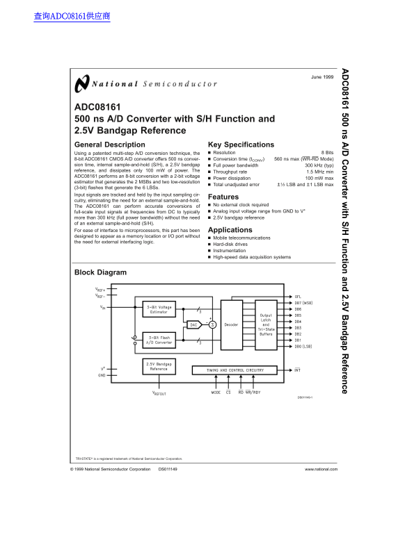 National Semiconductor ADC08161 500 ns A/D Converter with SH Function and 2.5V Bandgap Reference - Page 1