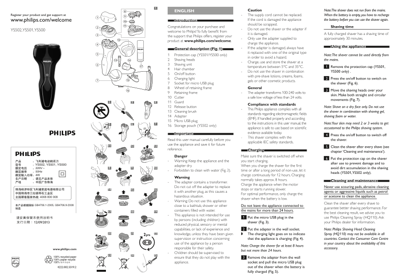 Philips Electric Shaver YS501 18 Product Support & User Manual - Page 1