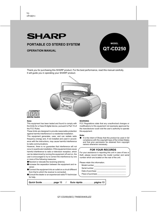 SHARP QTCD250 Operation Manual - Page 1