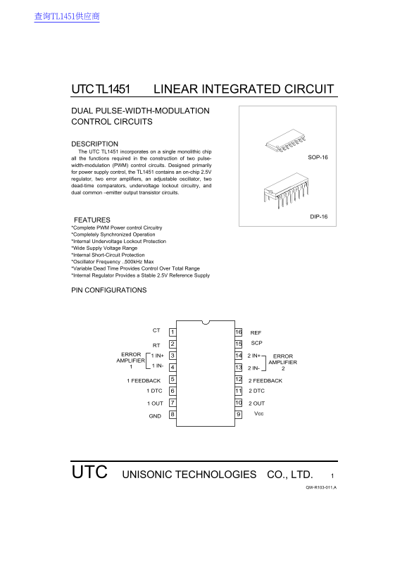 UTC TL1451 LINEAR INTEGRATED CIRCUIT Handbook - Page 1