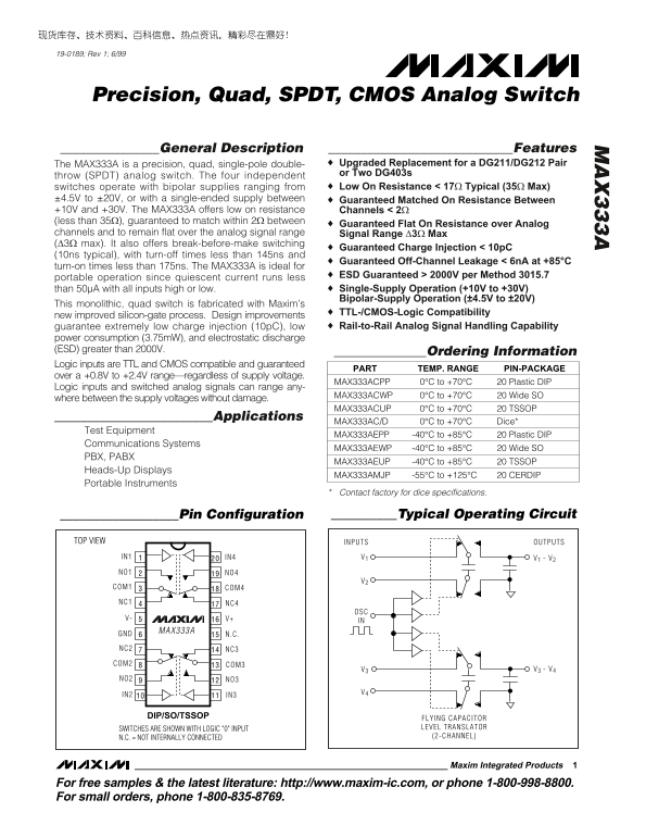 MAXIM MAX333A Precision, Quad, SPDT, CMOS Analog Switch User Guide and Specifications - Page 1