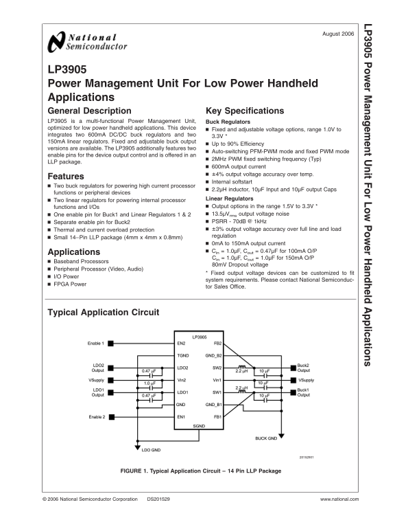 National Semiconductor - LP3905 Power Management Unit for Low Power Handheld Applications Data Handbook Specification User Manual - Page 1