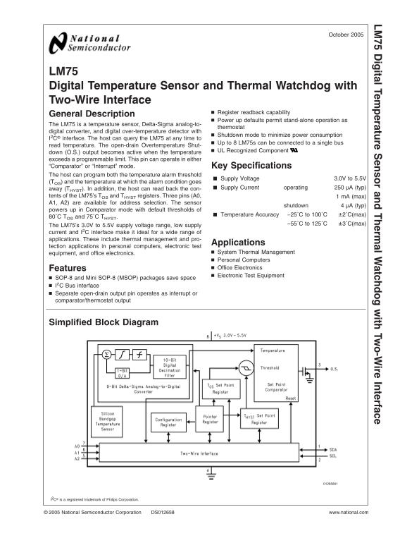 LM75 Data Handbook from NATIONAL SEMICONDUCTOR - Page 1
