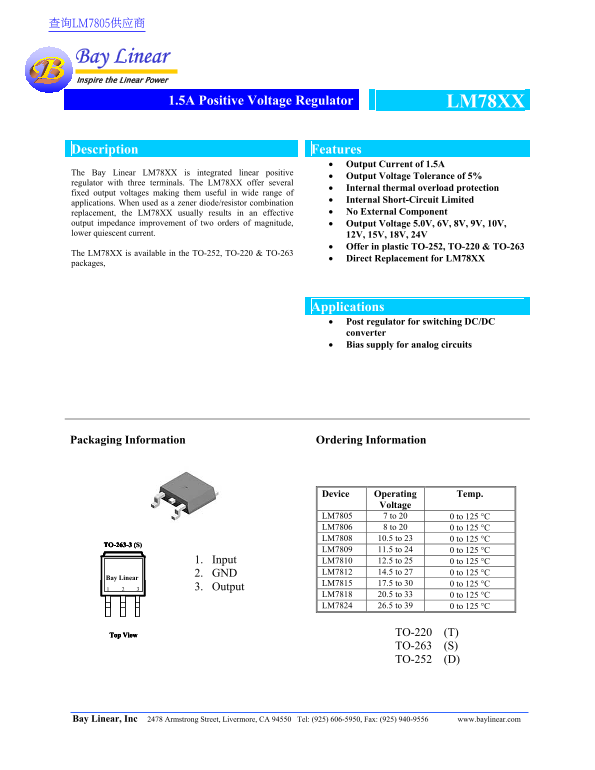 Bay Linear Inc LM78XX 1.5A Positive Voltage Regulator Specifications User Guide - Page 1