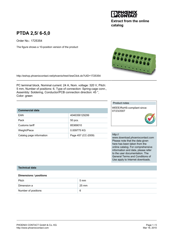 Phoenix Contact - PTDA 2.5, 6-5.0 Data Handbook / Specifications - Page 1