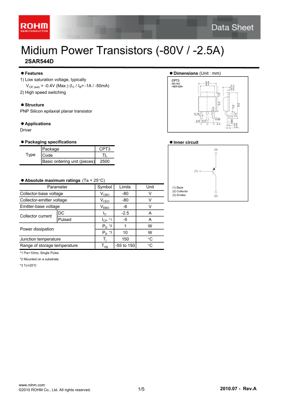 ROHM 2SAR544D datasheet user manual - Page 1