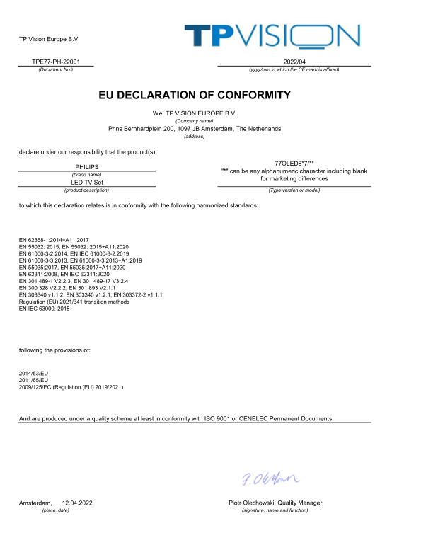 Philips 77OLED867 T3 Smart TV - 4K UHD OLED EU Compliance Declaration Product Support & User Manual - Page 1