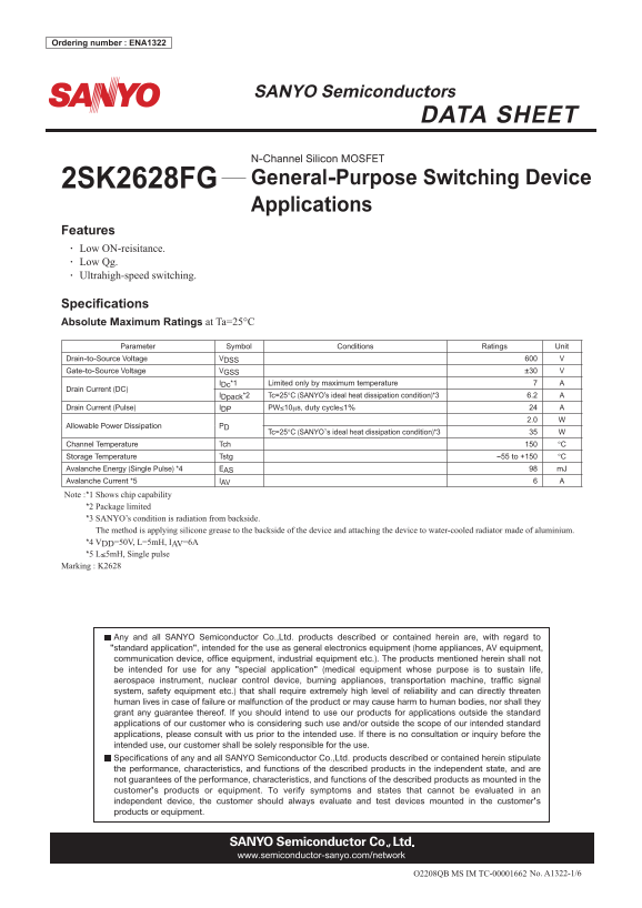 SANYO 2SK2628FG Handbook - Page 1