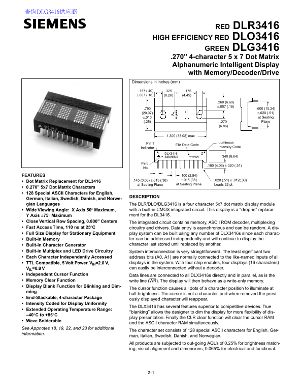 SIEMENS RED DLR3416 HIGH EFFICIENCY RED DLO3416 GREEN DLG3416 .270 4-character 5x7 Dot Matrix Alphanumeric Intelligent Display with Memory Decoder Drive - Page 1